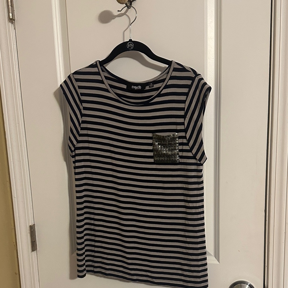 Striped Black and White Top with Sequin Pocket